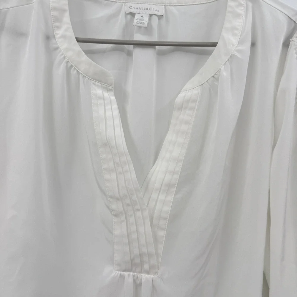 Charter Club White Blouse XL Long Sleeve Sheer Pleated‎ V Neck Lace Trim Women's